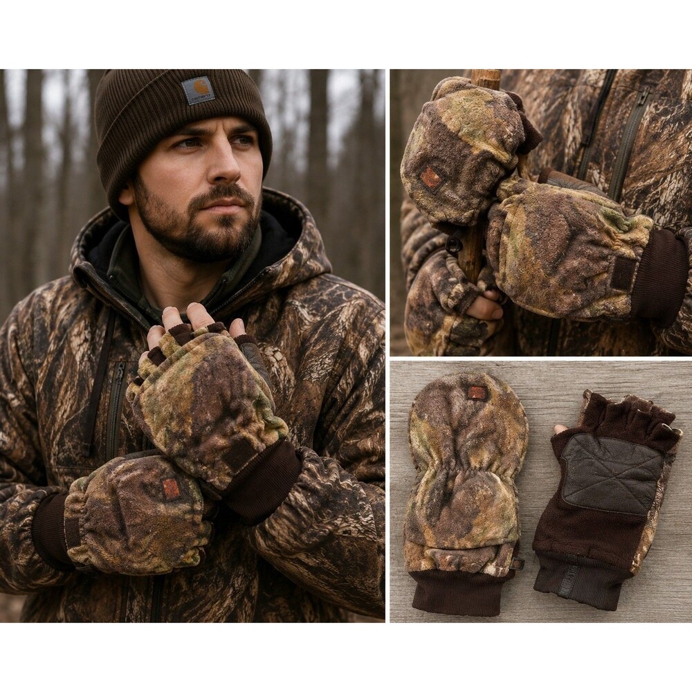 Camo Hunting Flip-Top Mitten Gloves Insulated Convertible Fingerless Winter...